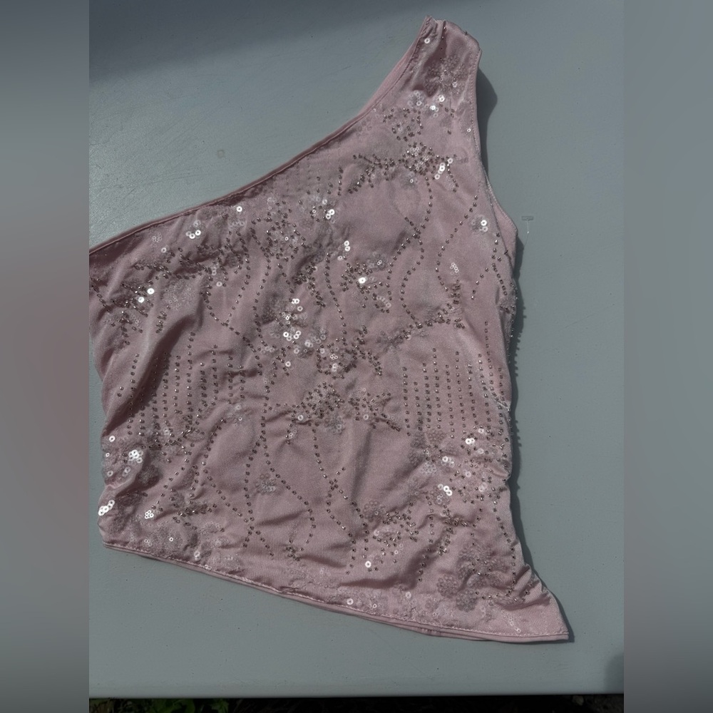 Y2K Pink One Shoulder Beaded Stretch Top Size L (Fits S/M) Side Zip